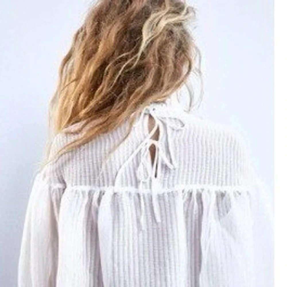 Zara White Organza Striped Ruffle Neck Puff Sleeve Blouse XS 3952/400